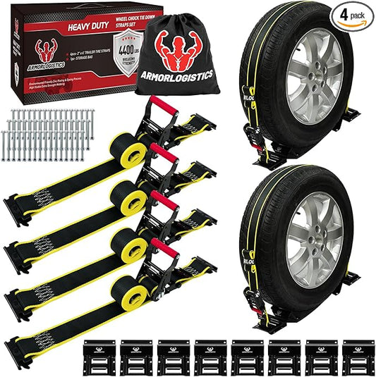 4Pack UTV Wheel Chock Tie-Down Kit, 2 in x 8 ft Heavy Duty Trailer Tire Straps, 4400lb Max Break Strength E Track System for ATV, UTV, SXS, Mower and More (Black)