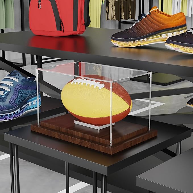 VGMiu Football Display Case with Wood Base, Acrylic Football Case Display Clear Box with Removable Built-in Ball Holder for Autographed Footballs, Sports Collectibles, Memorabilia Displays