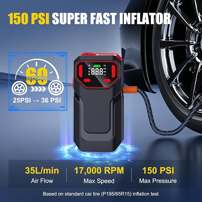 MT21 Jump Starter with Air Compressor,12V Battery Booster Pack(10L Gas/8L Diesel) with 5000A–Spark-Proof & Reverse Polarity Protected,150PSI Portable Jump Box & Tire Inflator with LED Light