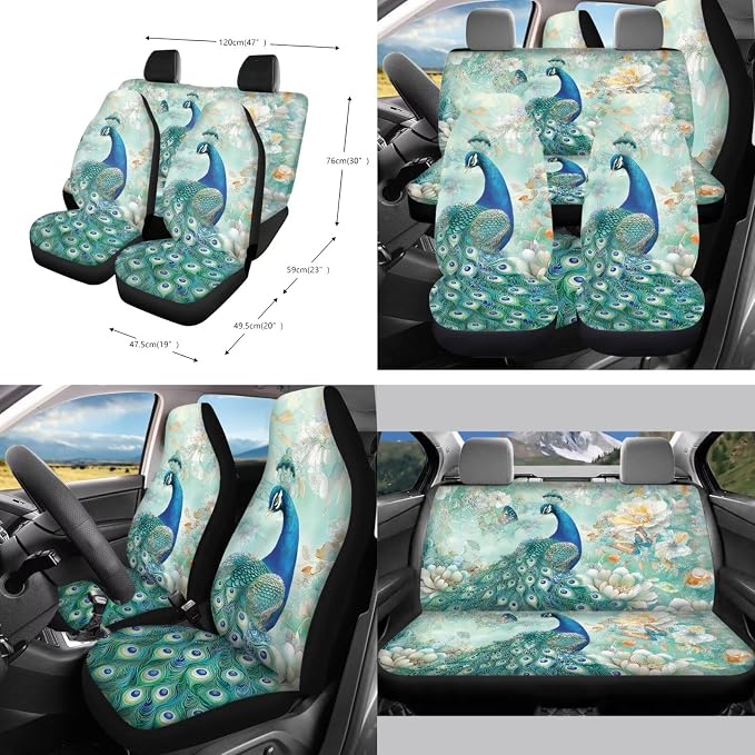 Peacock Flower Butterfly Print Auto Seat Covers Full Set, 10 Pcs Universal Fit Car Accessories Steering Wheel Cover Car Trash Bin Keychain Coasters Air Vent Storage Box