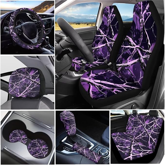 KEIAHUAN Purple Camo Branch Full Set Car Seat Cover with Steering Wheel Cover Cupholder Coaster Gear Shift Cover Handbrake Cover Headrest Cover Elastic Universal Fit for Most Vehicles 11 Pcs