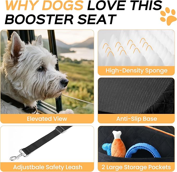 HiPetpy Dog Car Seat for Small Dog, Booster Seat for Dogs Under 30lb, 6" Elevated Pet Seat with Pockets, Anti-Slip Bed for Car, Perfect for Front & Back Seats with Safety Leash (Black/Grey, Medium)