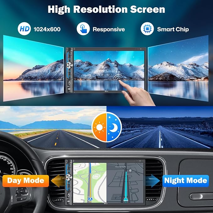 PLZ 7" Wireless Double Din Car Stereo Apple Carplay Radio Screen for Car Audio Receivers, Bluetooth, Car Play Android Auto Touchscreen, 240W 4.2 CHN 2 Subwoofers Outputs, SWC, FM/AM, Backup Camera