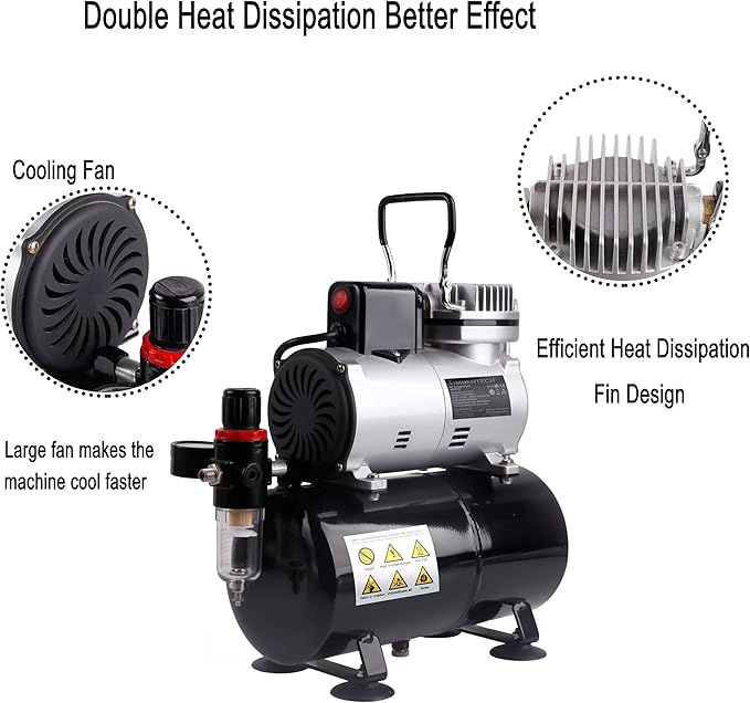 Timbertech Upgraded Airbrush Single-Piston Oil-free Mini Compressor ABPST08 with Cooling Fan, 3L Tank, Regulator, Moisture trap for Hobby, Body Tattoo, Model Painting, Automotive Graphic, Make-up