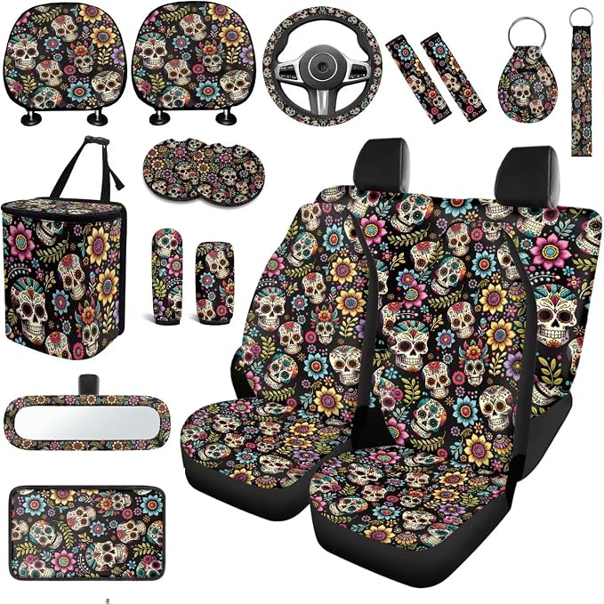 Sugar Skull Car Seat Covers Full Sets 18 Pcs Gothic Skeleton Car Interior Accessories Car Headrest Covers Car Seat Belt Pads Cover Auto Trash Bag Steering Wheel Cover Armrest Box Pad