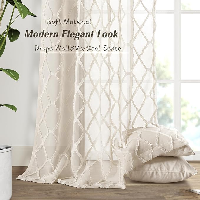 Extra Long Beige Sheer Curtains 110 Inches Long for Living Room Back Tab Semi Sheer Curtain Geometric Embroidered Tuft Pom Textured Drapes Earth Tone Farmhouse Rustic Bedroom Nursery Taupe Tan 52x110