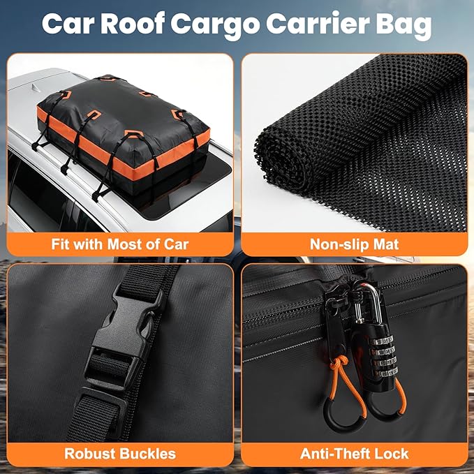 DUMOS Car Rooftop Cargo Carrier 15 Cubic Feet, Car Roof Waterproof PVC Bag | with Anti-Slip Mat, Combination Luggage Lock, Reinforced Straps & Door Hooks, Fit Vehicles with/without Roof Racks
