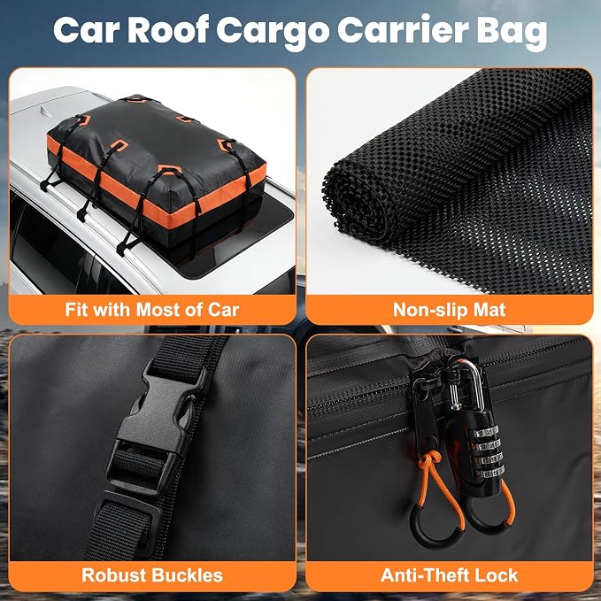 DUMOS Car Rooftop Cargo Carrier 20 Cubic Feet, Car Roof Waterproof PVC Bag | with Anti-Slip Mat, Combination Luggage Lock, Reinforced Straps & Door Hooks, Fit Vehicles with/without Roof Racks
