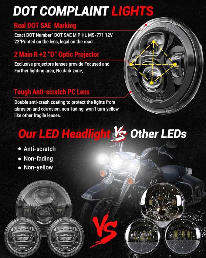 Z-OFFROAD New 7 Inch Motorcycle LED Headlight 4.5" Fog Passing Lights, DOT Kit Compatible with Harley Davidson Road King Electra Glide Ultra Classic Heritage Softail Fat Boy Street Glide, Black