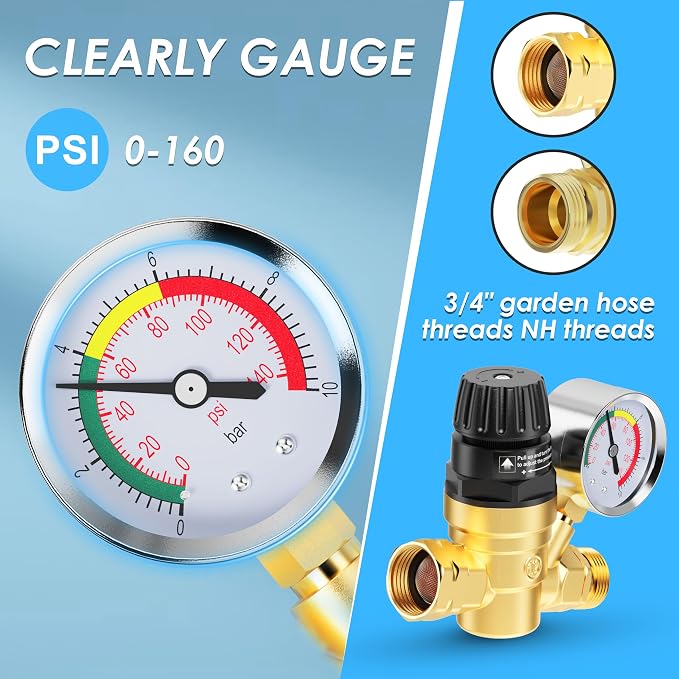 RV Water Pressure Regulator Valve, Brass Lead-Free Adjustable Water Pressure Reducer with Gauge and Inlet Filter for RV Camper and Travel Trailer