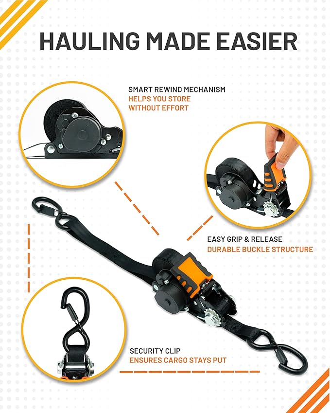 Strapinno Retractable Ratchet Straps - 1 in x 12 ft Heavy Duty Tie Downs, 1800lbs Breaking Strength Each, S Hooks with Safety Clip, AutoRetract, for Moving, Motorcycle, Boat, Kayak, and Cargo (4 PCS)