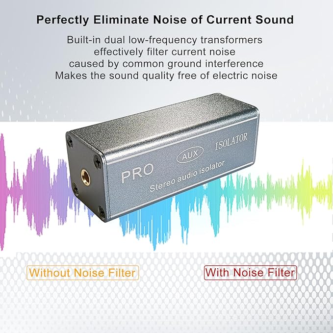 3.5mm Pro Ground Loop Noise Isolator Car Noise Filter Hum Eliminator (No Affect Bass) Aluminum Shell Noise Eliminator for HiFi Stereo Home Theater Car Audio Player Plug&Play (Silver-Gray)