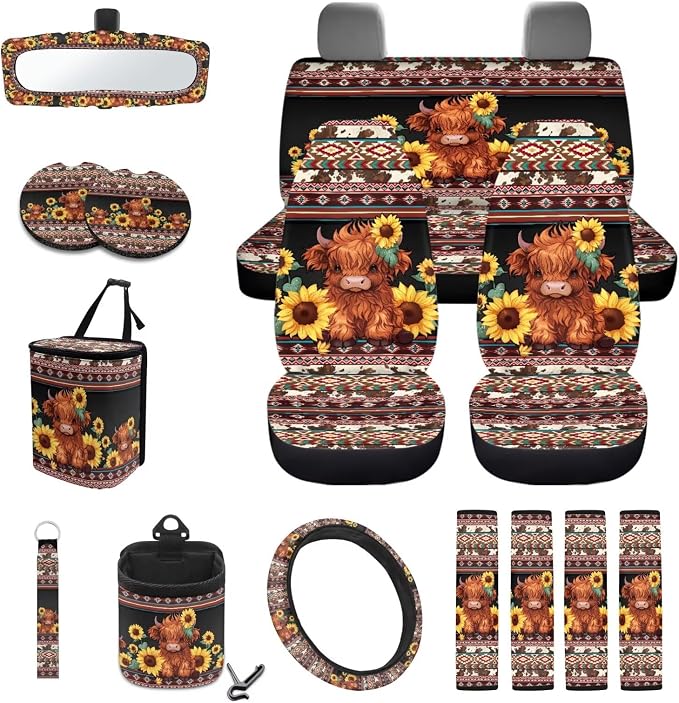 Aztec Highland Cattle Sunflower 15 PCS Car Seat Cover Full Set, with Steering Wheel Cover Seat Belt Strap Trash Cans Rear View Mirror Cover Coaster Air Vent Storage Bag Universal Fit