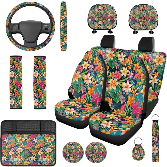 Bulopur Hawaiian Hibiscus Floral Car Seat Covers Front and Rear with Armrest Cover Seat Headrest Cover Car Seatbelt Shoulder Strap Covers Keychain Auto Interior Accessories Set for Van Sedan SUV