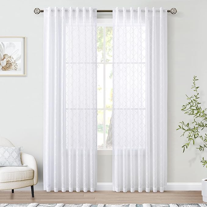 Hokibero Pure White Semi Sheer Curtains 84 Inches Long for Living Room Bedroom,Back Tab Rod Pocket Light Filtering Drapes Geometric Embroidered Diamond Pattern Sliding Glass Door,52 x 84,2 Panels