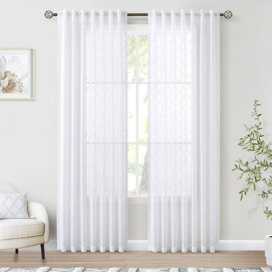 Hokibero Pure White Semi Sheer Curtains 84 Inches Long for Living Room Bedroom,Back Tab Rod Pocket Light Filtering Drapes Geometric Embroidered Diamond Pattern Sliding Glass Door,52 x 84,2 Panels