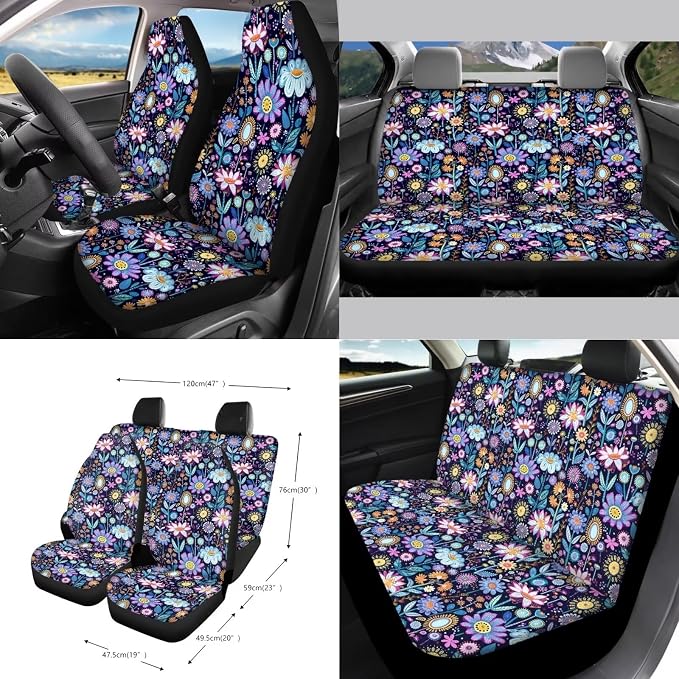 Wanyint Hippie Flower Lotus Car Seat Cover Set 15 PCS, with Steering Wheel Cover Seat Belt Pads Garbage Bag Air Vent Pocket Rearview Mirror Cover Car Coasters Keychain Fit for SUV Trucks Vans Sedans
