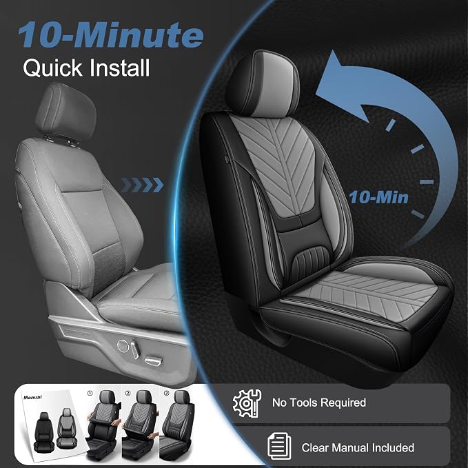 for Ford F150 2009-2026 Seat Covers F250 F350 F450 2017-2026 | Super Duty Faux Leather Full Set XL XLT Lariat Platinum STX Cab, Lumbar Support Seat Protectors (5 Seats, Black & Grey)