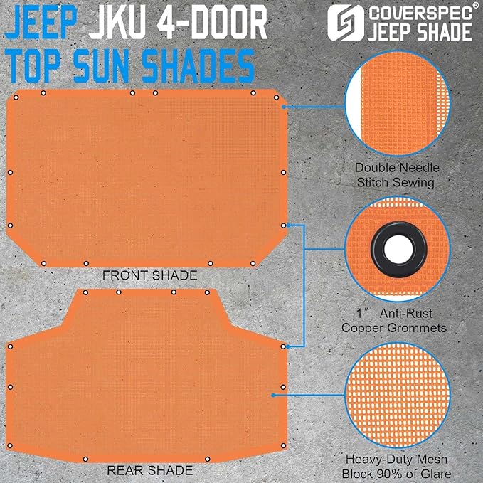 JK Sun Shade Top Compatible with Jeep Wrangler 4 Door 2007 to 2018 Sunshade Sunroof Bikini Cover Blocks UV Wind Noise Orange Mesh for Front and Rear 2 pcs
