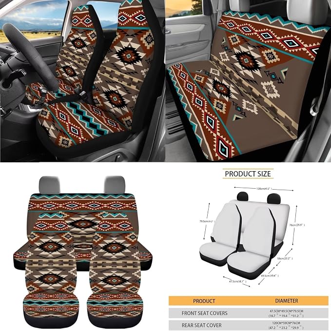 Dreaweet Geometric Aztec Car Seat Covers Full Set 15 Pcs Native American Tribal Seat Covers with Steering Wheel Cover Seat Belt Pads Trash Bag Air Vent Pouch Rear View Mirror Cover Coasters Keychain
