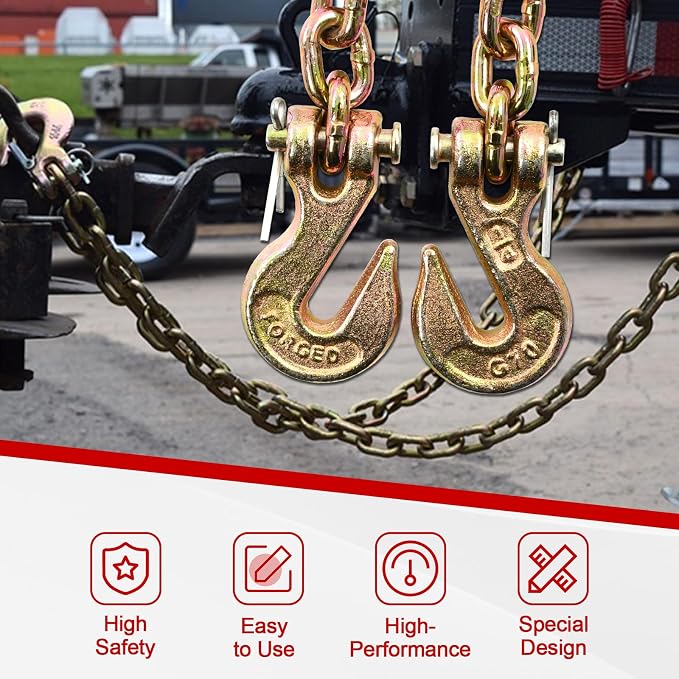 Heavy Duty G80 Transport Binder Chain 1/4'' Inch x 16 Feet,Tow Chain with G70 Clevis Grab Hooks,3300 lbs Safe Working Load Logging Chain for Transporting, Towing(1/4'' x 16FT Yellow).