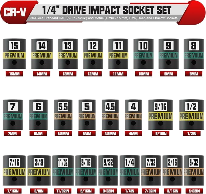 1/4" Drive Impact Socket Set, 50-Piece Standard SAE (5/32" - 9/16") and Metric (4 mm - 15 mm) Size, Deep and Shallow Sockets, Cr-V Steel, 6 Point, Auto Repair Bicycle Maintenance