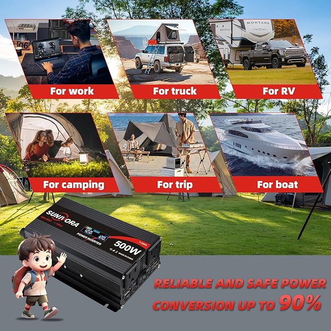 500 Watt Car Power Inverter 12V DC to 110V/120V AC Converter 1000W Peak with LCD Display, 2 AC Outlets & PD Type-C & USB 3.0, Car Plug in Adapter Outlet Supplies Power to Appliances on Car Boat