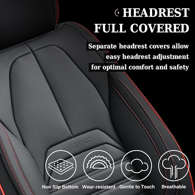Coverado Car Seat Covers Full Set, Black Redline Seat Covers for Cars, Automotive Seat Covers, Waterproof Nappa Leather Front Seats and Back Car Seat Protector, Universal Fit for Most Cars SUV Trucks