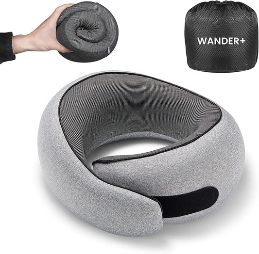 WANDER PLUS® Travel Pillow, 100% Pure Memory Foam Travel Neck Pillow Airplane Neck Support Ergonomic Design Best for Sleeping Plane Car Train Office Flight for Adults Ash Gray