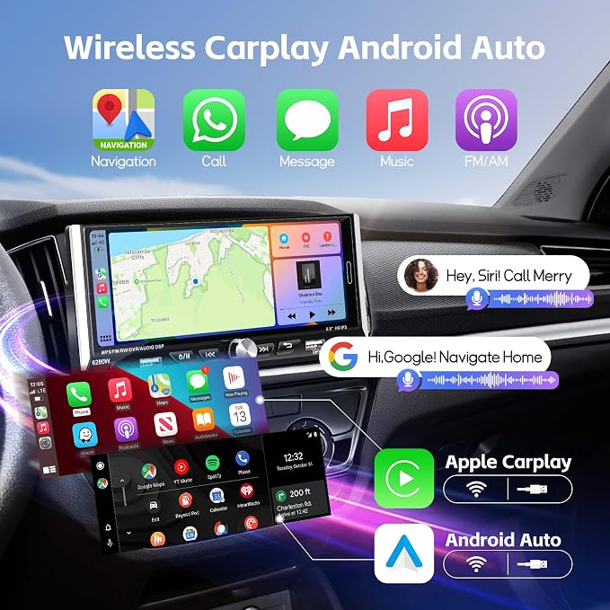 Single Din Radio Car Stereo with Wireless Apple Carplay & Android Auto, 6.9" IPS Touchscreen Car Stereo with Bluetooth 1080P Backup Camera Mirror Link Navigation USB Type-C Fast Charging FM/AM EQ SWC