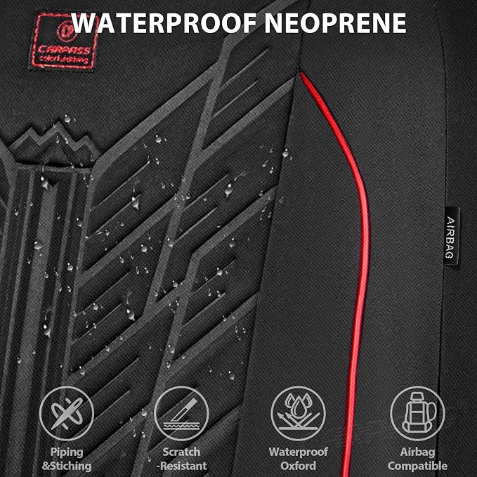 CAR PASS Waterproof Car Seat Covers Full Set,Neoprene Car Seat Covers 5 Seats,3D Tyre Embossed Wetsuit Seat Covers All-Weather Non-Slip Durable Universal Fit Trucks,SUV,Airbag Compatible,Black Red