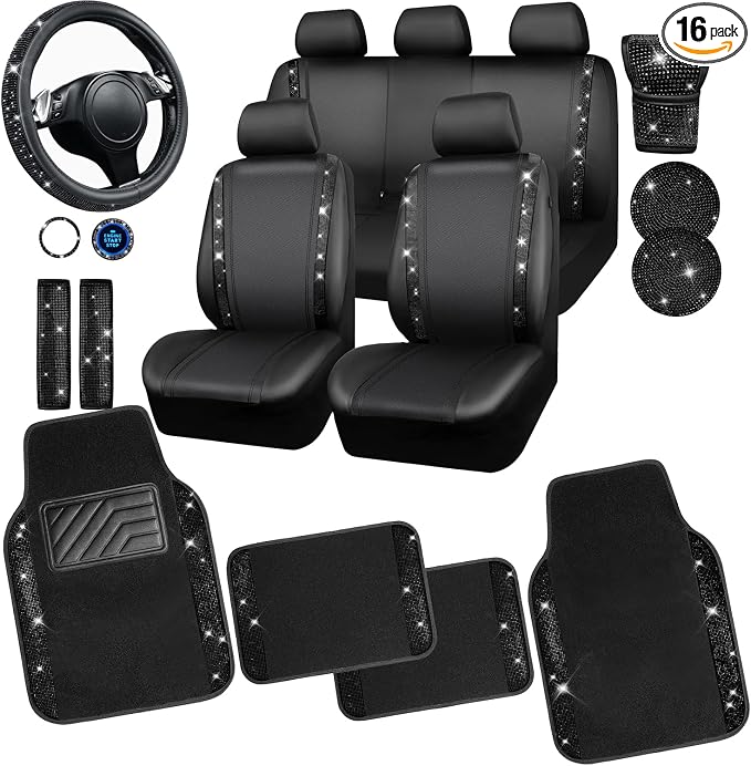 CAR PASS Diamond Bling Leather Seat Covers Set Car Floor Mats Glitter Rhinestone Steering Wheel and Car Interior Accessory Set for Women Black