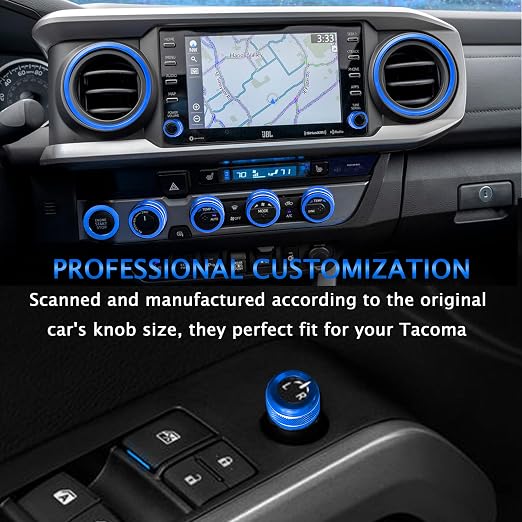 for Toyota Tacoma Accessories 2023 2022 2021 2020 with 8" or 7" Touchscreens Knob Covers - AC Vent Ring Button Knob Covers for Air Conditioner Volume Mirror Push Start Stop Button Trim 12Pcs (Blue)