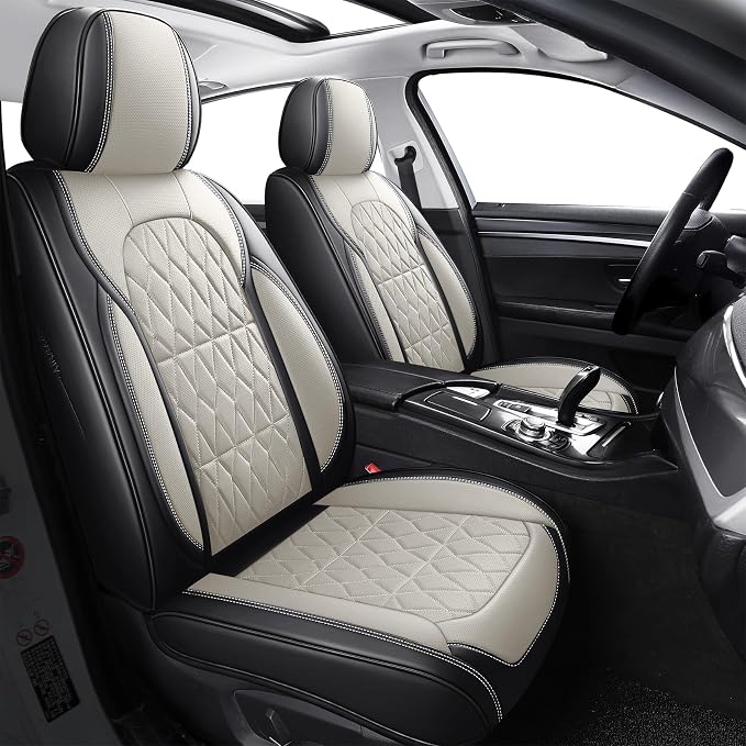 Aierxuan 5 Pcs Full Coverage Leather Car Seat Covers, Universal Fit Ford Kia Hyundai Nissan Honda Subaru Forester Legacy Outback Impreza Tribeca WRX Cruze Equinox Malibu, Black-Beige