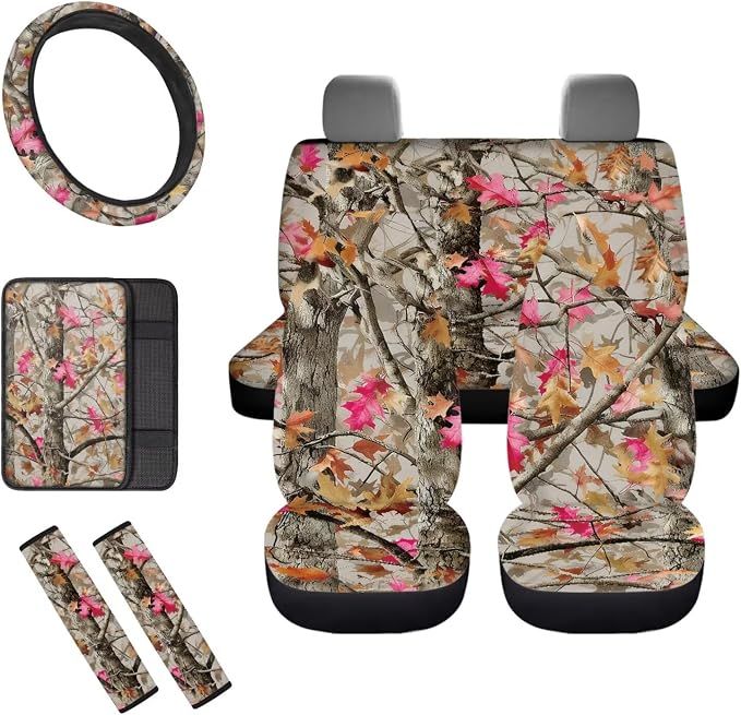 8 Pcs Camo Maple Leaves Car Seat Covers Full Set Car Accessories for Women Front Seat Cover Steering Wheel Armrest Cover Seat Belt Cover for Auto SUV Interior Decoration