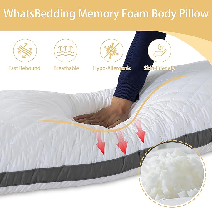 WhatsBedding Memory Foam Body Pillow with Removable Pillowcase -Fluffy Body Pillows for Adults -Large Long Bed Pillows for Sleeping - White
