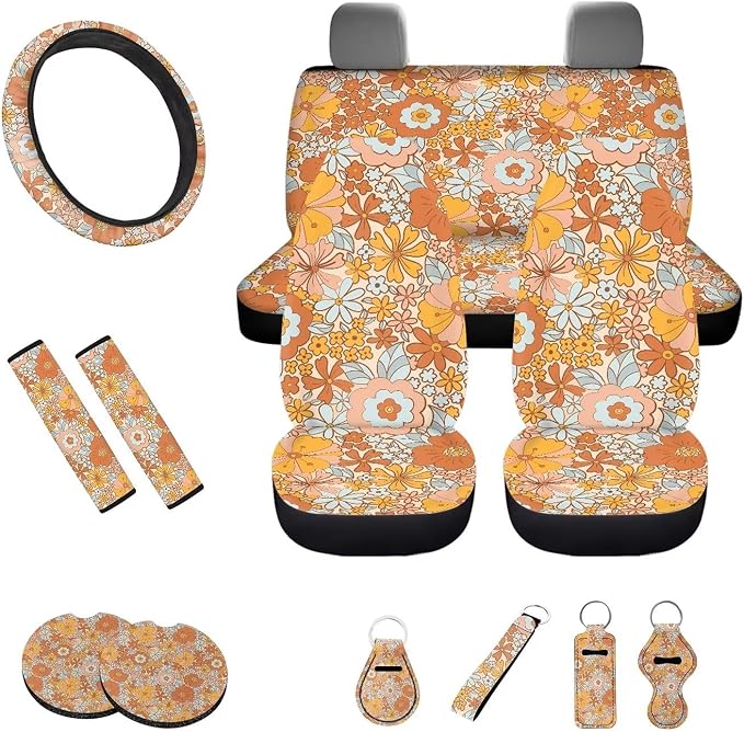Vintage Abstract Flower Print 13 Pcs Car Accessories Retro Hippie 60s 70s Aesthetic Daisy Car Seat Covers/Steering Wheel Covers/Seat Belt Pads/Keychain/Lipstick Holder/Coaster for Women
