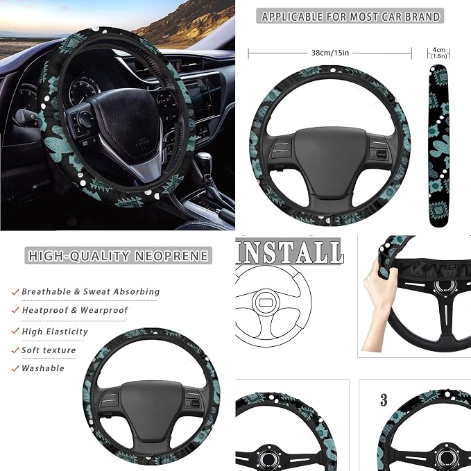 Western Seat Covers Full Set with Cactus Aztec Tribal Steering Wheel Cover, Shoulder Pads, Aztec Seat Covers Car Accessories Universal Fit for Most Cars, Green