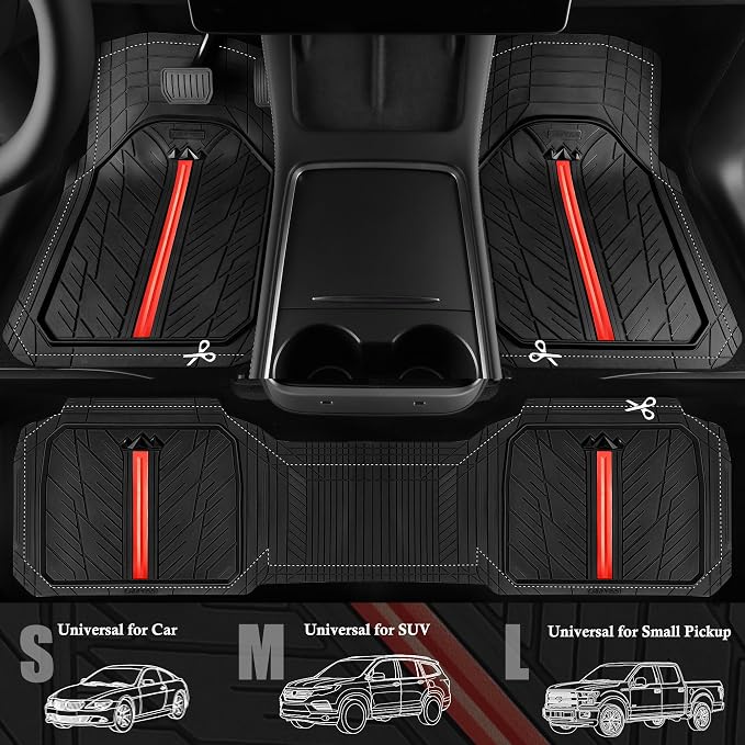 CAR PASS Universal Leather Seat Covers Full Sets, Waterproof Trim-to-Fit Rubber Floor Mats for Cars for SUV Sedan Van Truck, Airbag Compatible,Reserved Opening Holes for Headrest Covers(Black red)