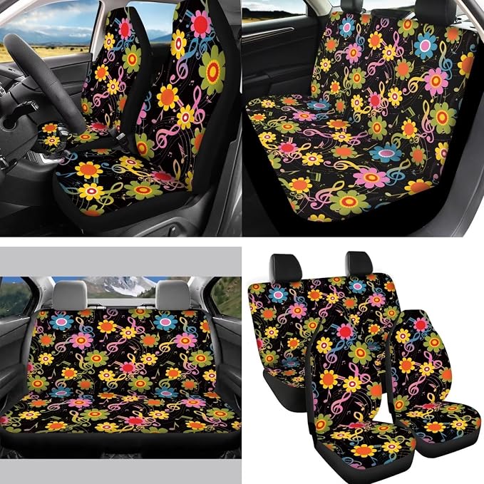 Universal Fit Colorful Flower Musical Note Car Seat Covers Full Sets+Hippie Car Coaster/15In Steering Wheel/Seatbelt/Keychain/Mirror Cover/Gear Shift Knob Handbreak Pad Aesthetic Car Accessory