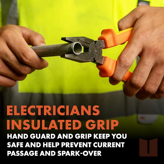 Ullman Insulated 8 in Combination Pliers with Industrial Non-Slip Grip - Perfect Hand Tool for Electricians, HVAC, and Contractors