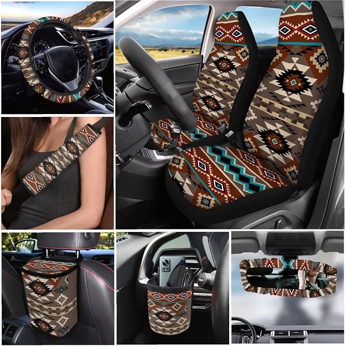 Dreaweet Geometric Aztec Car Seat Covers Full Set 15 Pcs Native American Tribal Seat Covers with Steering Wheel Cover Seat Belt Pads Trash Bag Air Vent Pouch Rear View Mirror Cover Coasters Keychain