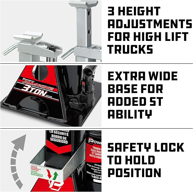 POWERBUILT 3 Ton All-in-One Hydraulic Bottle Jack and Jackstand in One, Compact, Wide Base, 11-21 Inch Range, Eliminates Jackstands, for Trucks, SUVs, RVs, Trailers, ASME, Not for Sedans - 640912