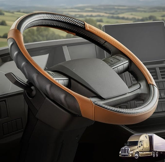 18 Inch Semi Truck Steering Wheel Cover for Freightliner Cascadia, Kenworth T680 T880, Peterbilt 579 & Volvo VNL – Heavy Duty Anti-Slip Leather Grip for Big Rig Class 8 Trucks – Brown