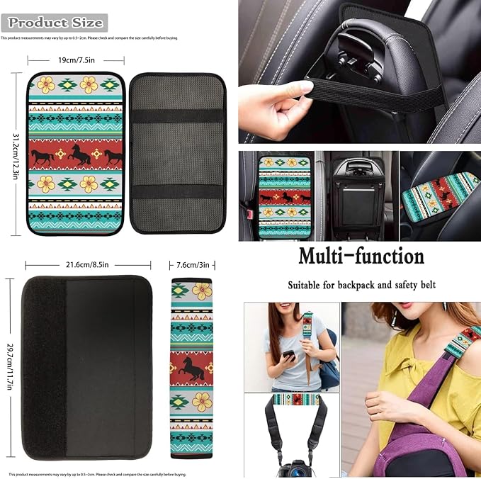 Dreaweet Aztec Tribal Horse Car Seat Covers Full Set 12 Pcs,Universal Car Seat Cover with Steering Wheel Cover,Seat Belt Pads,Armrest Cover,Cup Holder Coasters,Handbrake Cover,Gear Shift Knob Cover