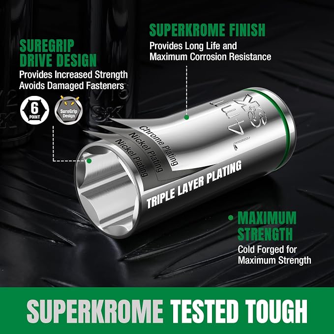 SK 3/8" Drive Socket Set with 90-Tooth Ratchet, 56-Piece, SAE & Metric, SuperKrome Finish, Premium CR-V Construction, with EVA Foam Tool Organizer