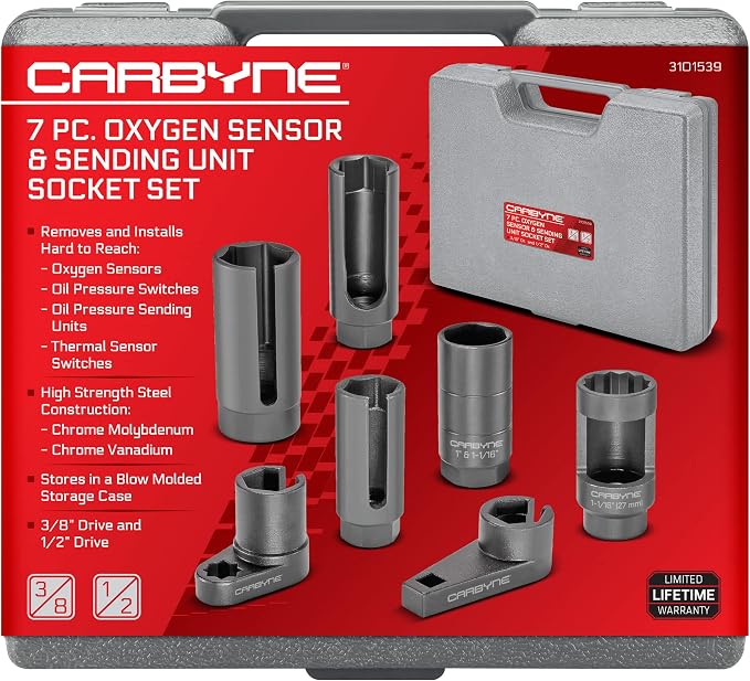 CARBYNE 7-Piece Oxygen Sensor and Sending Unit Socket Set, Chrome Molybdenum and Chrome Vanadium Steel, Universal Fit, Storage Case