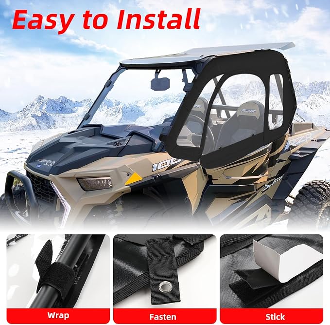 RZR Soft Upper Door YKK Zipper Compatible with Polaris RZR XP 1000 / XP Turbo 2014-2023 2-Seater Models, UTV Cab Enclosures Side Windows, Work with Side Mirror Windshield Roof