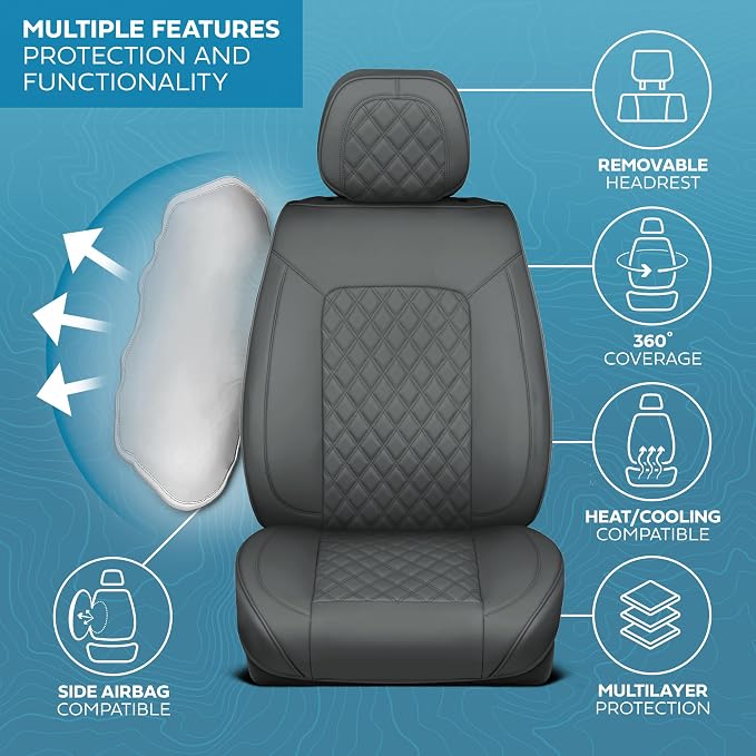 MotorBox Haven Series Napa Leather Seat Covers for Cars, Lux Edition Diamond Stitched Full Set Seat Covers, Premium PU Leatherette Gray Car Seat Covers for Cars Trucks SUVs