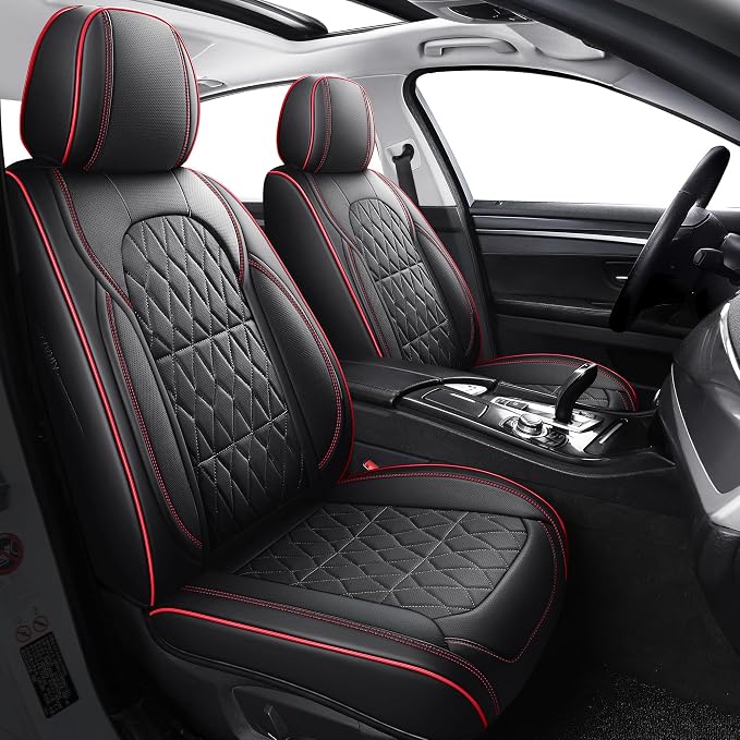 Aierxuan Waterproof Leather Car Seat Covers 360°Full Coverage, Universal Fit Toyota Honda Ford Hyundai Elantra Civic Corolla Nissan Murano, Full Set, Black-Red